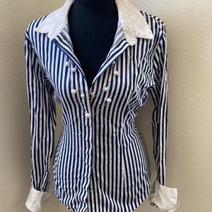 NY and co. Nautical blue and white striped button up shirt. Size medium,stretch